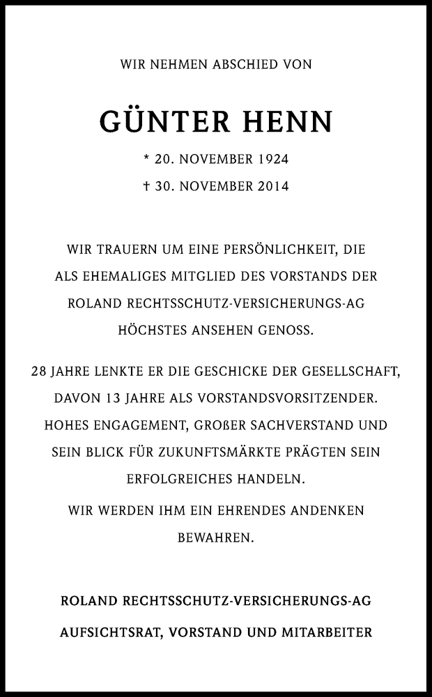  Traueranzeige für Günter Henn vom 13.12.2014 aus Kölner Stadt-Anzeiger / Kölnische Rundschau / Express