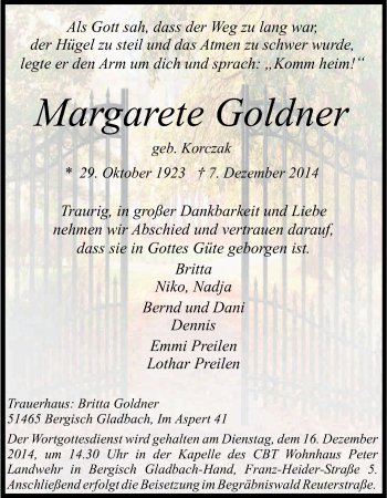 Anzeige von Margarete Goldner von Kölner Stadt-Anzeiger / Kölnische Rundschau / Express