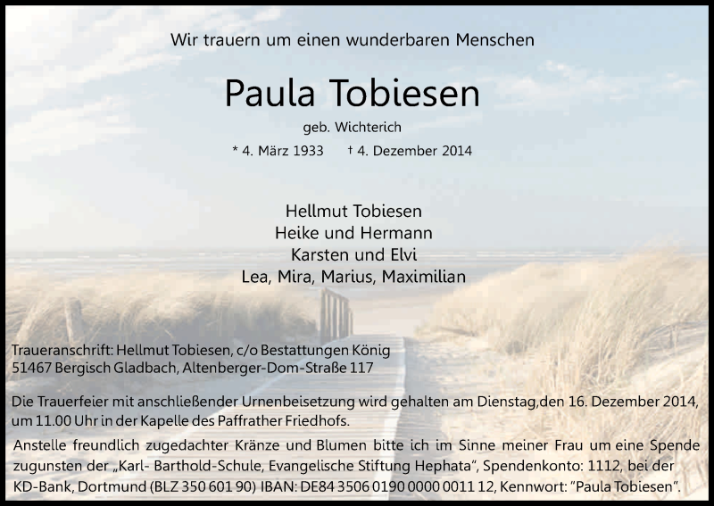  Traueranzeige für Paula Tobiesen vom 13.12.2014 aus Kölner Stadt-Anzeiger / Kölnische Rundschau / Express
