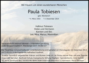 Anzeige von Paula Tobiesen von Kölner Stadt-Anzeiger / Kölnische Rundschau / Express
