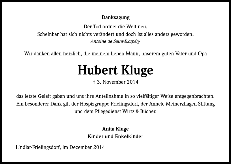  Traueranzeige für Hubert Kluge vom 12.12.2014 aus Kölner Stadt-Anzeiger / Kölnische Rundschau / Express