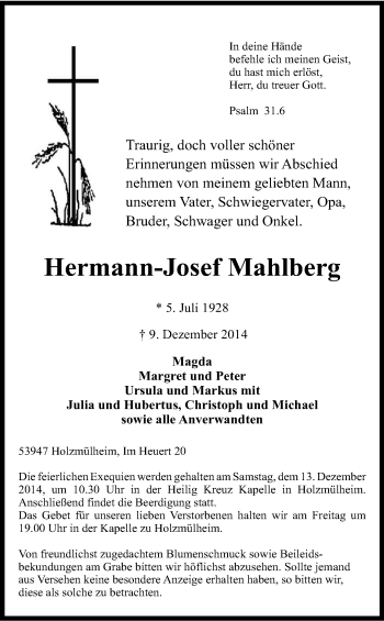 Anzeige von Hermann-Josef Mahlberg von Kölner Stadt-Anzeiger / Kölnische Rundschau / Express