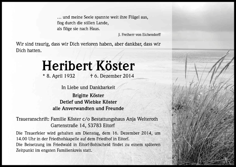  Traueranzeige für Heribert Köster vom 13.12.2014 aus Kölner Stadt-Anzeiger / Kölnische Rundschau / Express