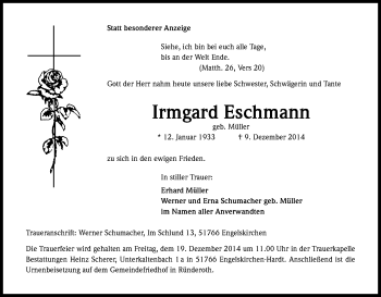 Anzeige von Irmgard Eschmann von Kölner Stadt-Anzeiger / Kölnische Rundschau / Express