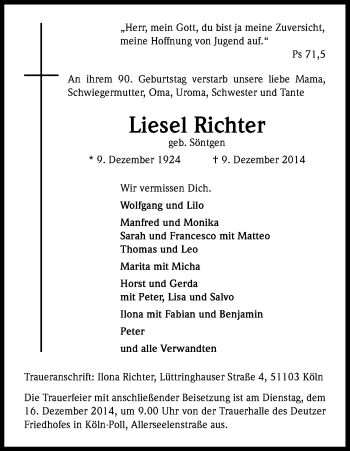 Anzeige von Liesel Richter von Kölner Stadt-Anzeiger / Kölnische Rundschau / Express