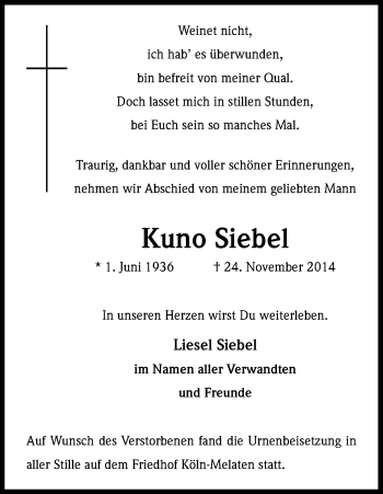 Anzeige von Kuno Siebel von Kölner Stadt-Anzeiger / Kölnische Rundschau / Express