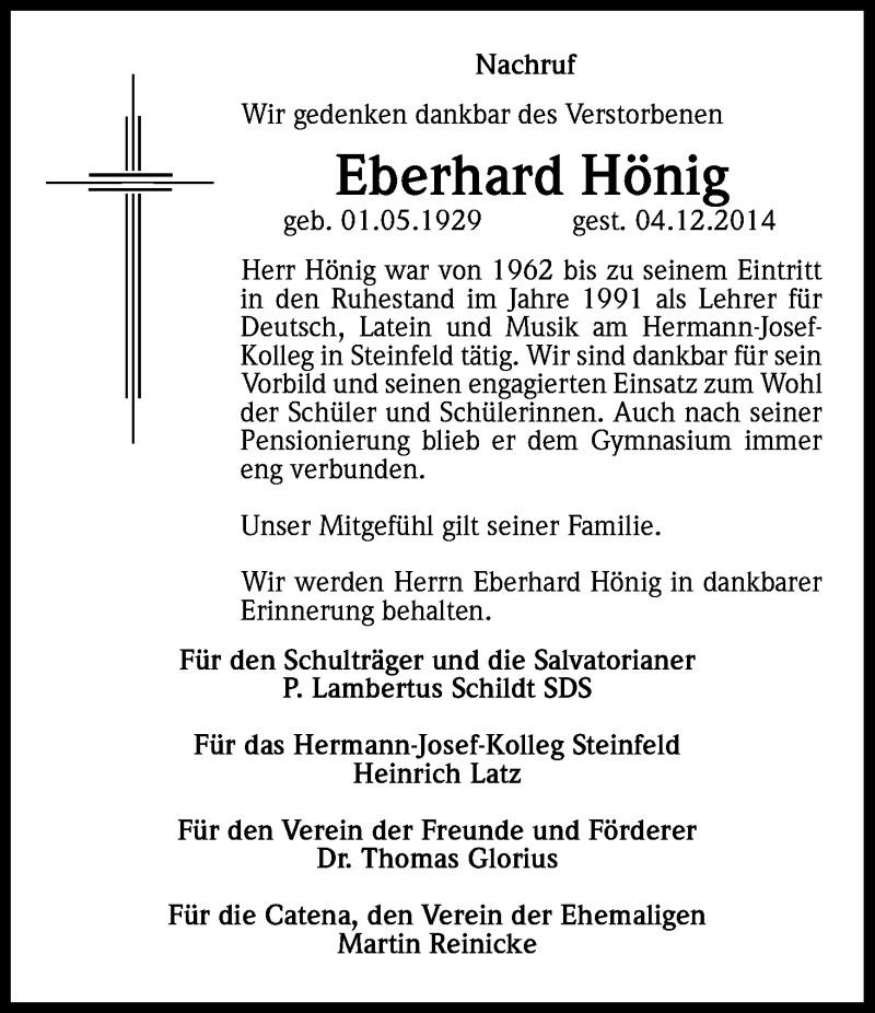  Traueranzeige für Eberhard Hönig vom 13.12.2014 aus Kölner Stadt-Anzeiger / Kölnische Rundschau / Express