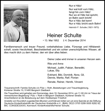 Anzeige von Heiner Schulte von Kölner Stadt-Anzeiger / Kölnische Rundschau / Express