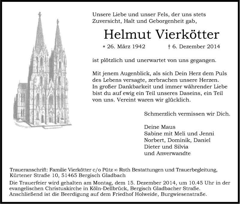  Traueranzeige für Helmut Vierkötter vom 13.12.2014 aus Kölner Stadt-Anzeiger / Kölnische Rundschau / Express