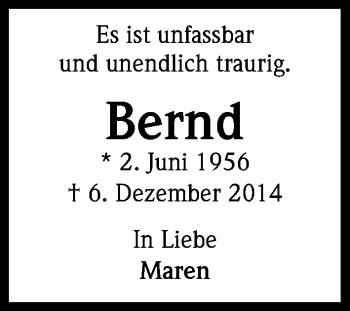 Anzeige von Bernd  von Kölner Stadt-Anzeiger / Kölnische Rundschau / Express