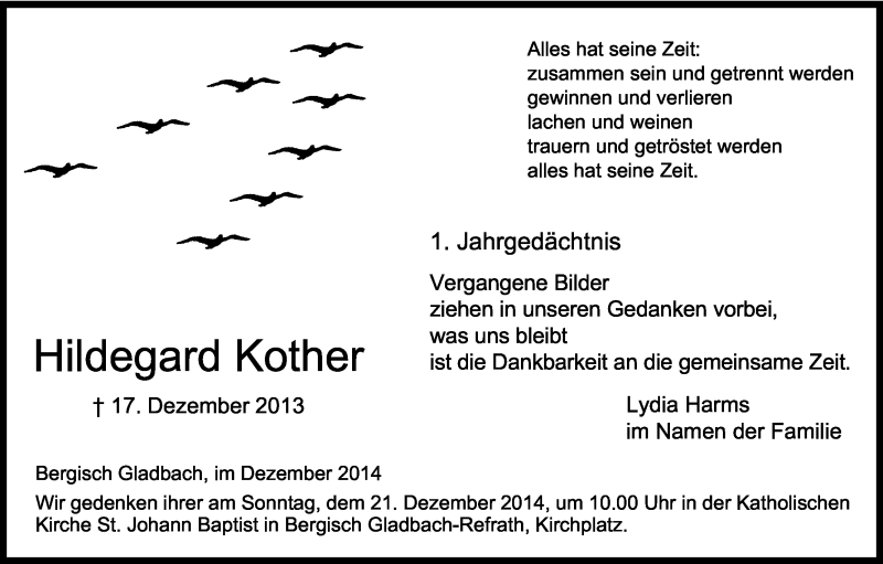  Traueranzeige für Hildegard Kother vom 13.12.2014 aus Kölner Stadt-Anzeiger / Kölnische Rundschau / Express