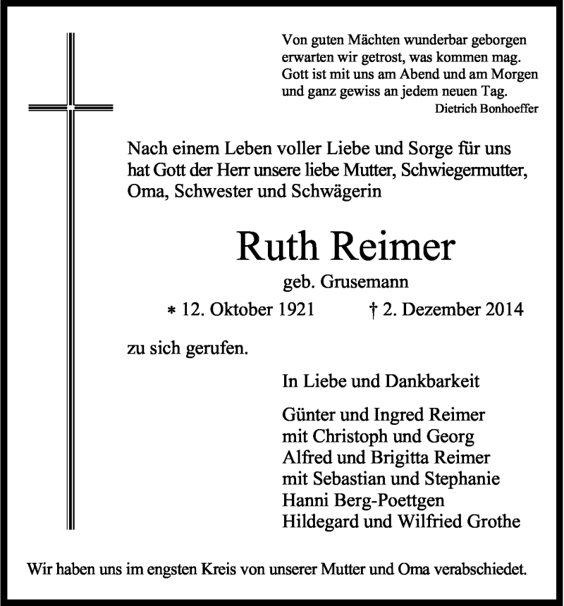  Traueranzeige für Ruth Reimer vom 13.12.2014 aus Kölner Stadt-Anzeiger / Kölnische Rundschau / Express