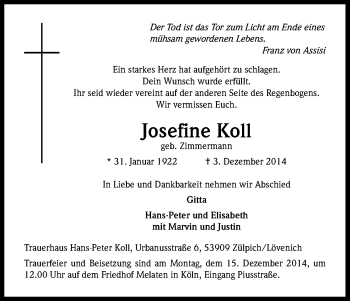 Anzeige von Josefine Koll von Kölner Stadt-Anzeiger / Kölnische Rundschau / Express