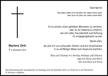 Anzeige von Marlene Orth von Kölner Stadt-Anzeiger / Kölnische Rundschau / Express