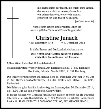 Anzeige von Christine Junack von Kölner Stadt-Anzeiger / Kölnische Rundschau / Express