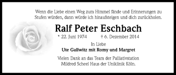 Anzeige von Ralf Peter Eschbach von Kölner Stadt-Anzeiger / Kölnische Rundschau / Express