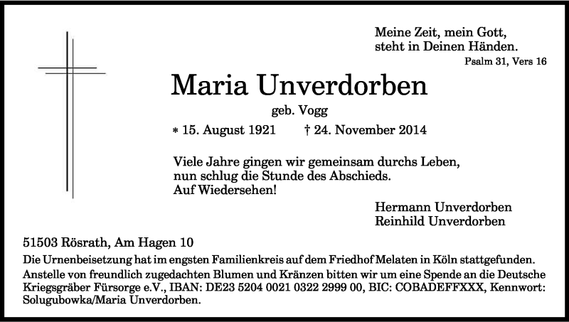  Traueranzeige für Maria Unverdorben vom 13.12.2014 aus Kölner Stadt-Anzeiger / Kölnische Rundschau / Express