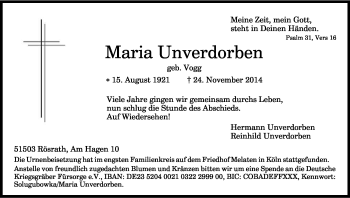 Anzeige von Maria Unverdorben von Kölner Stadt-Anzeiger / Kölnische Rundschau / Express