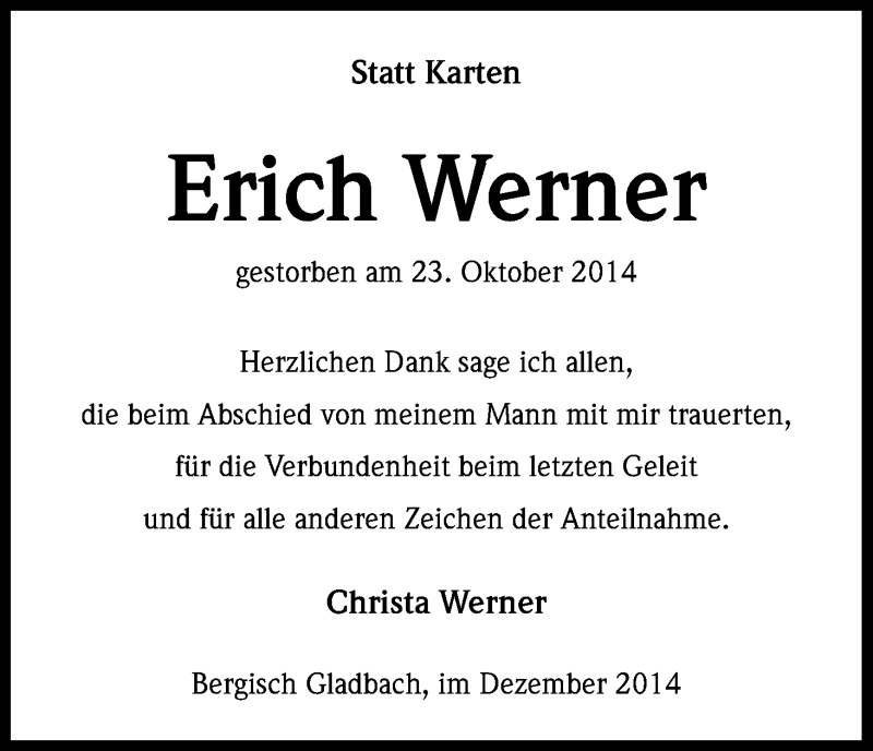  Traueranzeige für Erich Werner vom 13.12.2014 aus Kölner Stadt-Anzeiger / Kölnische Rundschau / Express