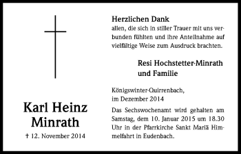 Anzeige von Karl-Heinz Minrath von Kölner Stadt-Anzeiger / Kölnische Rundschau / Express