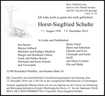 Anzeige von Horst-Siegfried Schulte von Kölner Stadt-Anzeiger / Kölnische Rundschau / Express