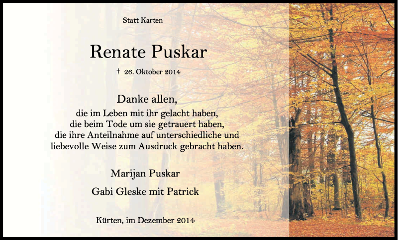  Traueranzeige für Renate Puskar vom 13.12.2014 aus Kölner Stadt-Anzeiger / Kölnische Rundschau / Express