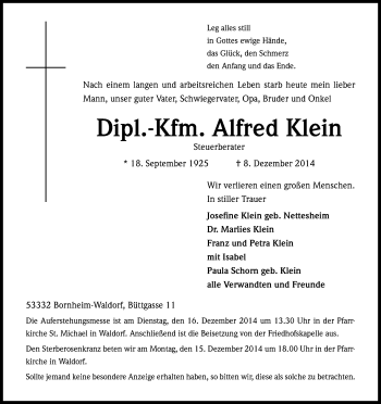 Anzeige von Alfred Klein von Kölner Stadt-Anzeiger / Kölnische Rundschau / Express