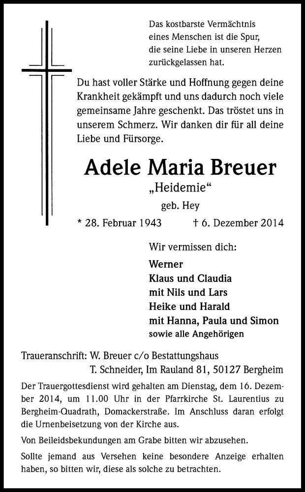  Traueranzeige für Adele Maria Breuer vom 13.12.2014 aus Kölner Stadt-Anzeiger / Kölnische Rundschau / Express