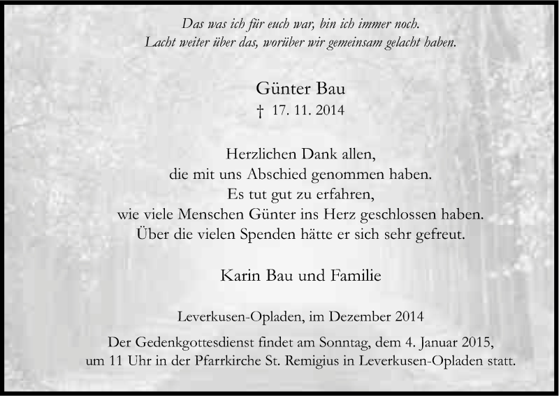 Traueranzeige für Günter Bau vom 20.12.2014 aus Kölner Stadt-Anzeiger / Kölnische Rundschau / Express