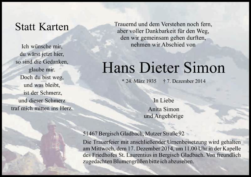  Traueranzeige für Hans Dieter Simon vom 13.12.2014 aus Kölner Stadt-Anzeiger / Kölnische Rundschau / Express