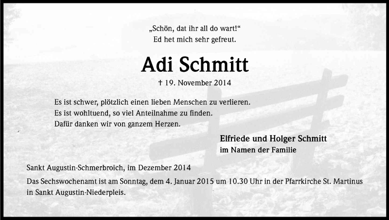  Traueranzeige für Adi Schmitt vom 13.12.2014 aus Kölner Stadt-Anzeiger / Kölnische Rundschau / Express