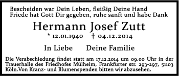 Anzeige von Hermann Josef Zutt von Kölner Stadt-Anzeiger / Kölnische Rundschau / Express