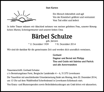 Anzeige von Bärbel Schulze von Kölner Stadt-Anzeiger / Kölnische Rundschau / Express