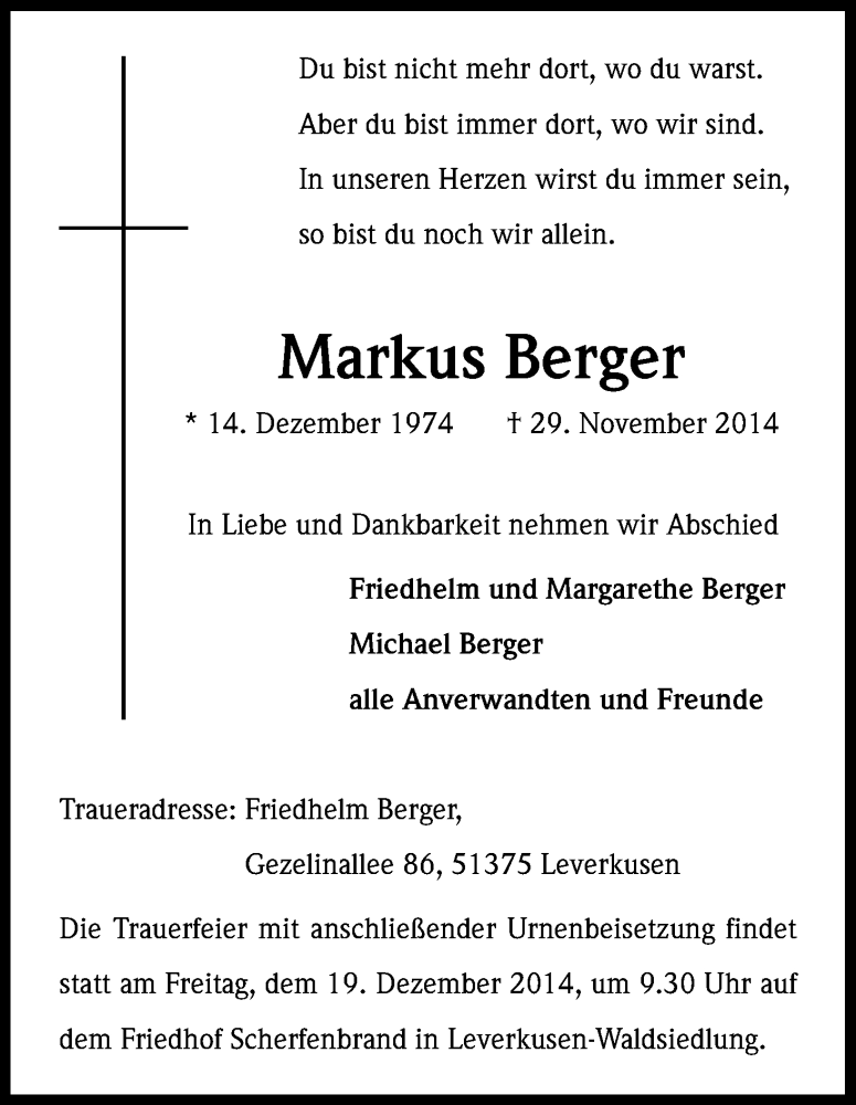  Traueranzeige für Markus Berger vom 13.12.2014 aus Kölner Stadt-Anzeiger / Kölnische Rundschau / Express