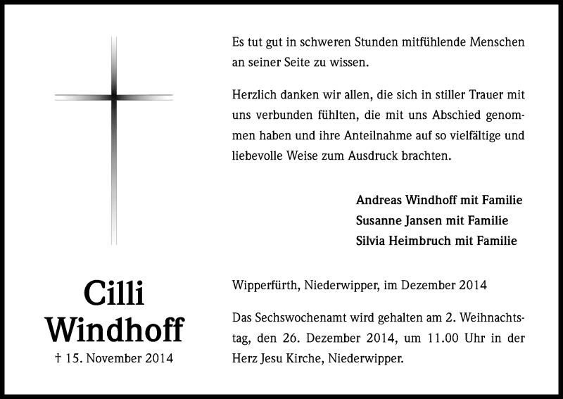  Traueranzeige für Cilli Windhoff vom 13.12.2014 aus Kölner Stadt-Anzeiger / Kölnische Rundschau / Express