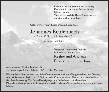 Anzeige von Johannes Reidenbach von Kölner Stadt-Anzeiger / Kölnische Rundschau / Express