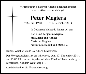 Anzeige von Peter Magiera von Kölner Stadt-Anzeiger / Kölnische Rundschau / Express