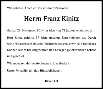 Anzeige von Franz Kinitz von Kölner Stadt-Anzeiger / Kölnische Rundschau / Express