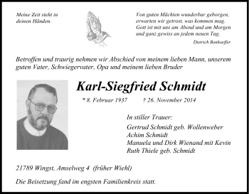 Anzeige von Karl-Siegfried Schmidt von Kölner Stadt-Anzeiger / Kölnische Rundschau / Express