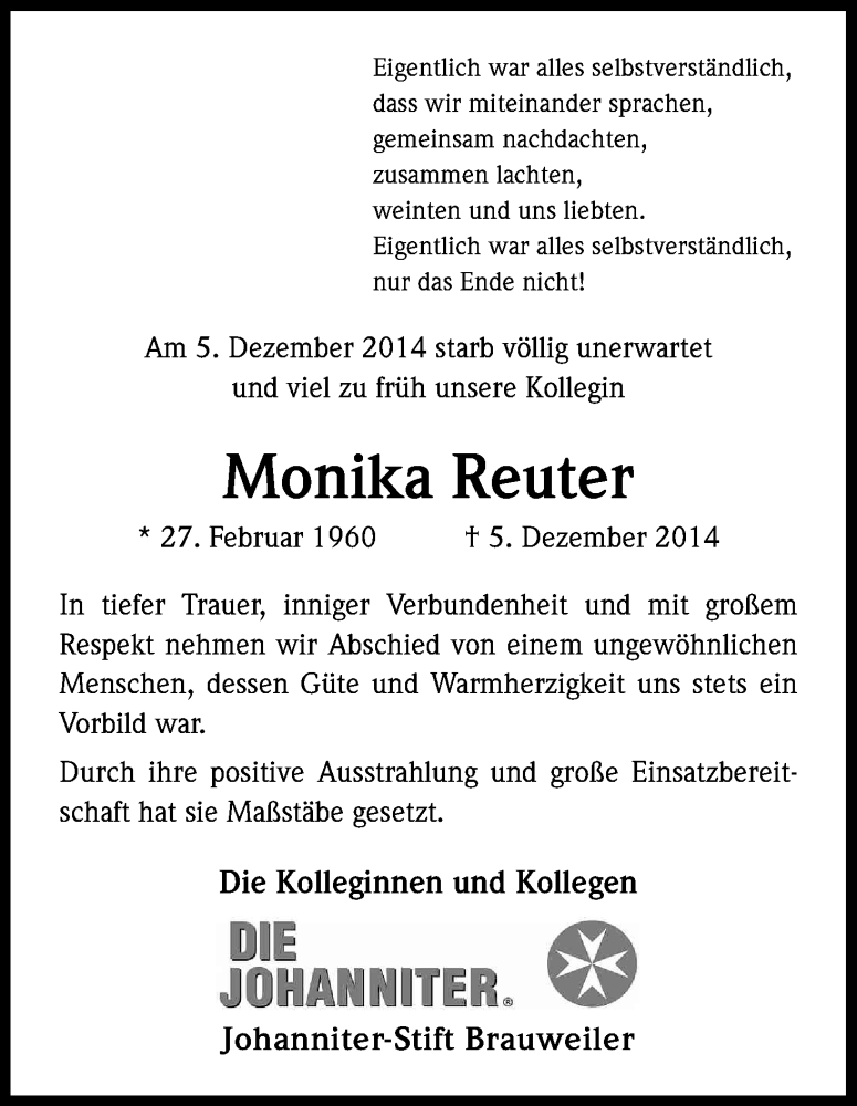  Traueranzeige für Monika Reuter vom 13.12.2014 aus Kölner Stadt-Anzeiger / Kölnische Rundschau / Express