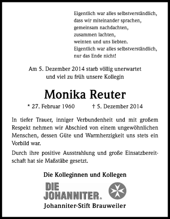 Anzeige von Monika Reuter von Kölner Stadt-Anzeiger / Kölnische Rundschau / Express