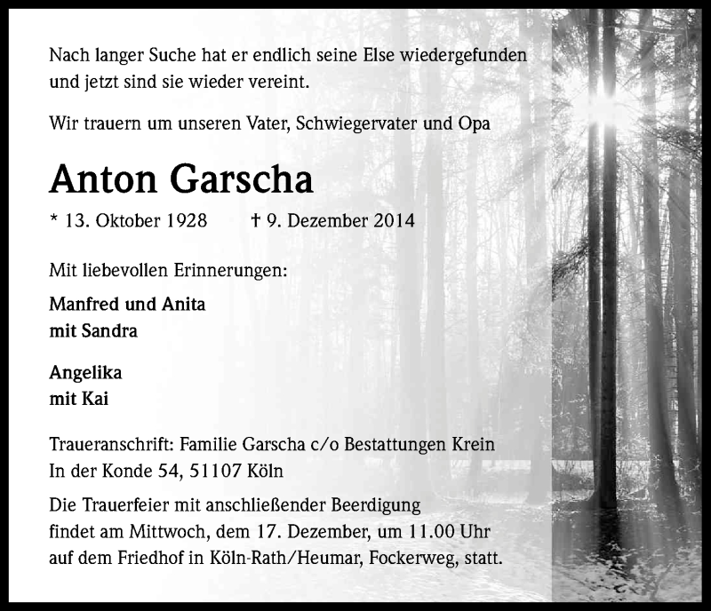  Traueranzeige für Anton Garscha vom 13.12.2014 aus Kölner Stadt-Anzeiger / Kölnische Rundschau / Express
