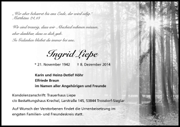 Anzeige von Ingrid Liepe von Kölner Stadt-Anzeiger / Kölnische Rundschau / Express