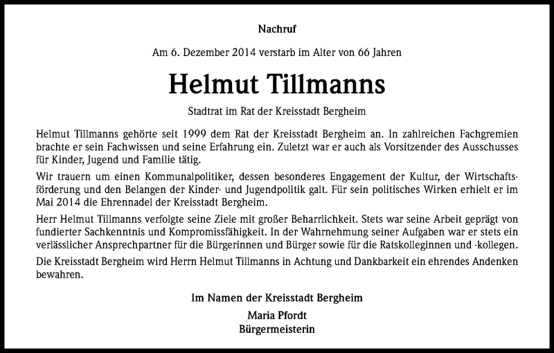  Traueranzeige für Helmut Tillmanns vom 12.12.2014 aus Kölner Stadt-Anzeiger / Kölnische Rundschau / Express