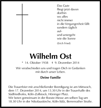 Anzeige von Wilhelm Ost von Kölner Stadt-Anzeiger / Kölnische Rundschau / Express