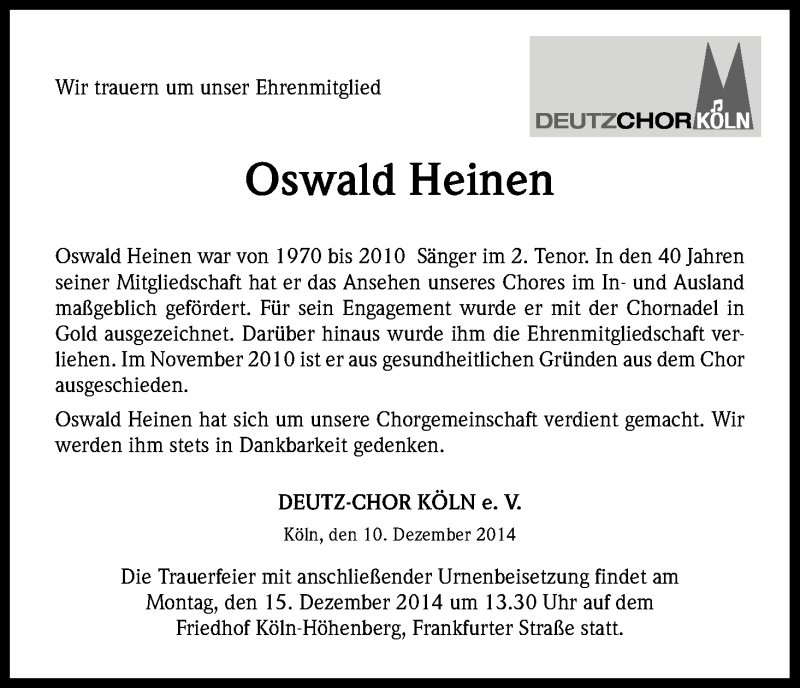  Traueranzeige für Oswald Heinen vom 13.12.2014 aus Kölner Stadt-Anzeiger / Kölnische Rundschau / Express