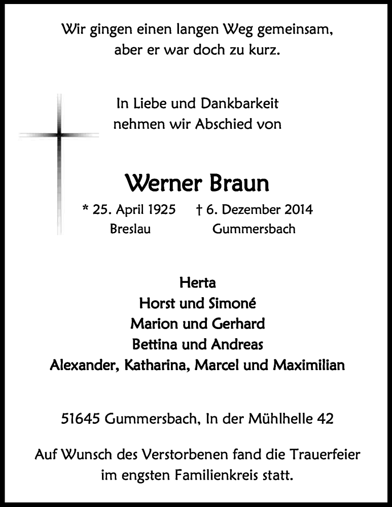 Traueranzeige für Werner Braun vom 15.12.2014 aus Kölner Stadt-Anzeiger / Kölnische Rundschau / Express