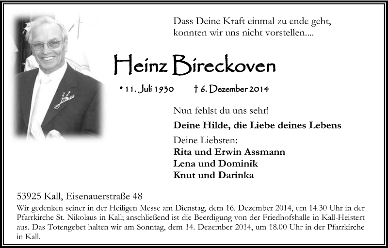  Traueranzeige für Heinz Bireckoven vom 12.12.2014 aus Kölner Stadt-Anzeiger / Kölnische Rundschau / Express