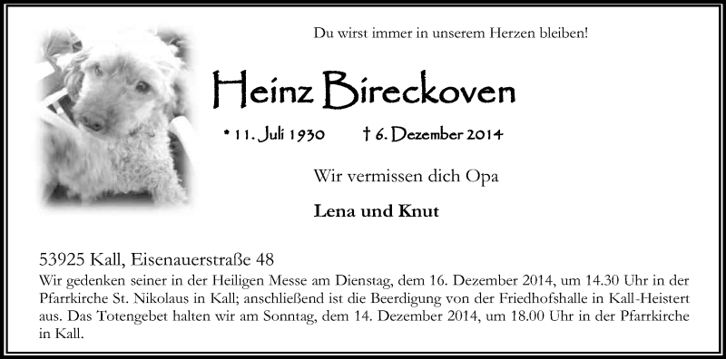  Traueranzeige für Heinz Bireckoven vom 12.12.2014 aus Kölner Stadt-Anzeiger / Kölnische Rundschau / Express