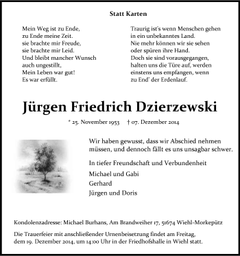 Anzeige von Jürgen Friedrich Dzierzewski von Kölner Stadt-Anzeiger / Kölnische Rundschau / Express
